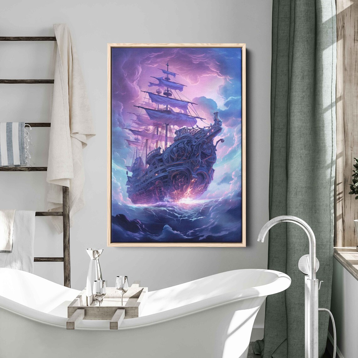 Fantasy Pirate Galleon Purple Neon Moonlit Clouds Ghost Ship Wall Art Poster