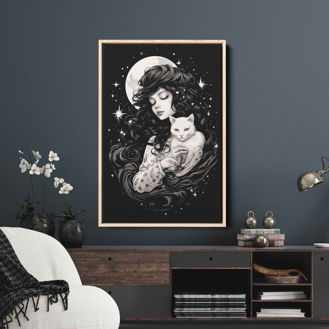 Celestial Witch White Cat Full Moon Stars Black White Halloween Wall Art Print - Image 2