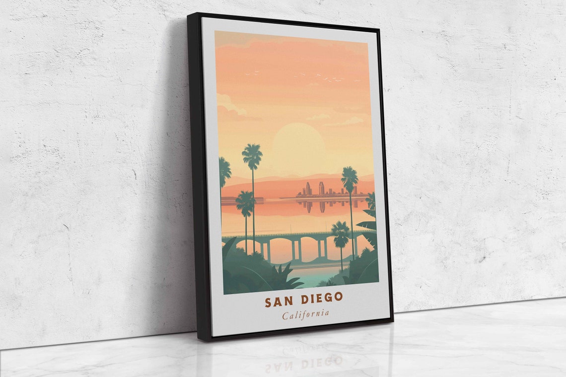 San Diego California Bay Skyline Palm Trees Sunset Travel Poster - Image 2
