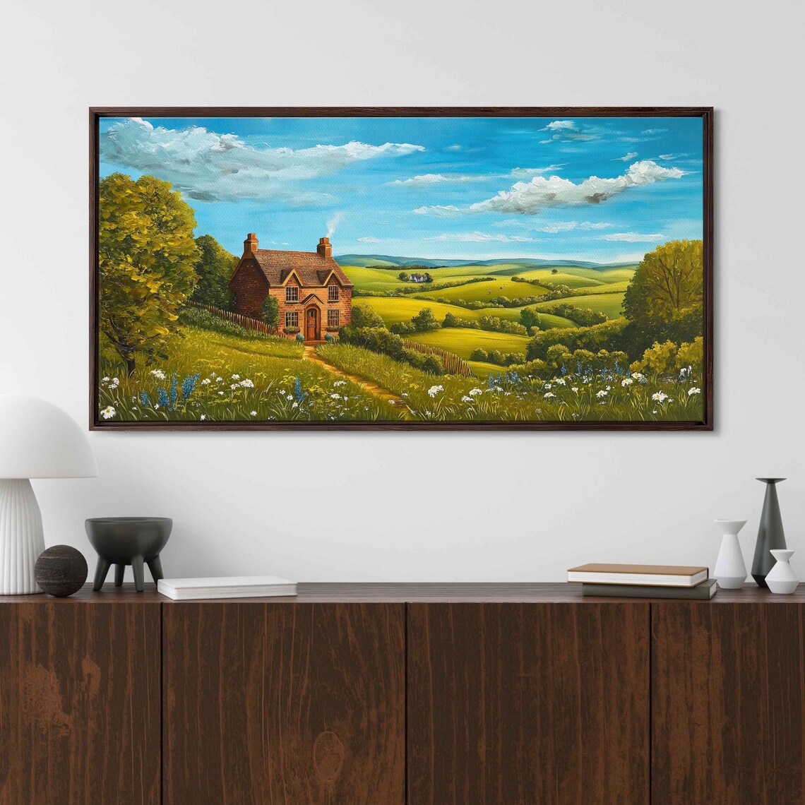 Tea House Amid Rolling Hills Wall Art Print Airy English Countryside Scene - Image 3