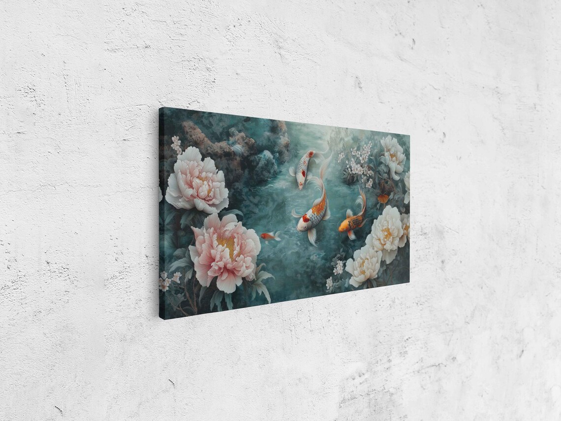 Koi Fish Swimming In Pond Wall Art Print Peaceful Scene With Peonies Symbolizing Prosperity - Image 4