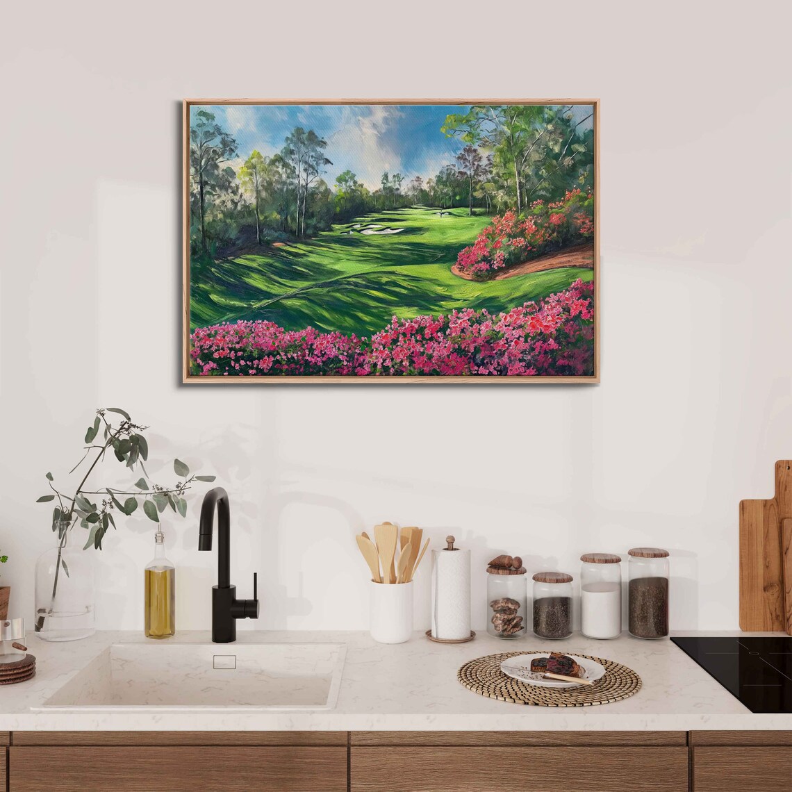 Golf Course Fairway Blooming Pink Azaleas Painting Sports Art Print - Image 3