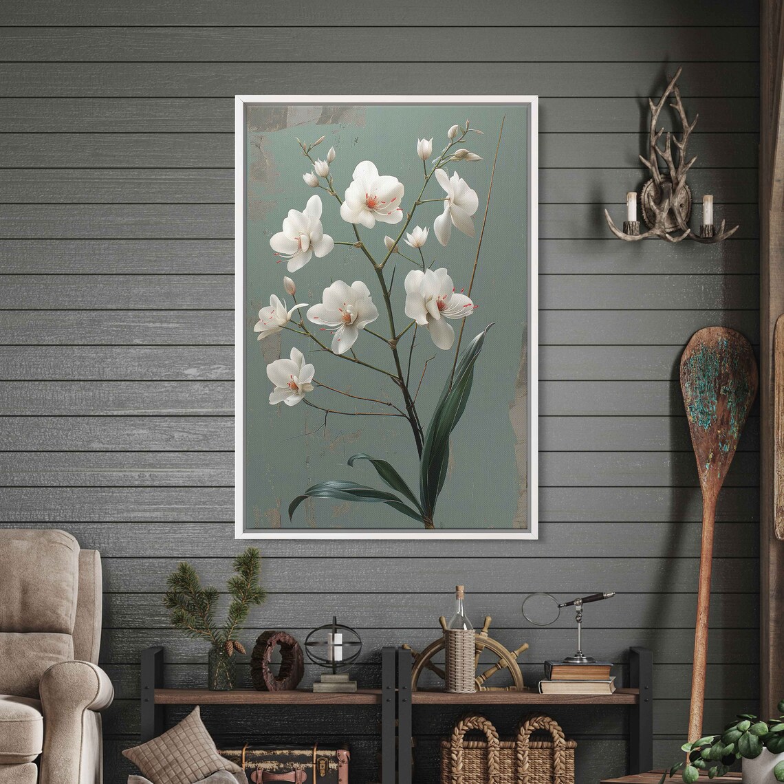 White Orchid Blooms Sage Green Vintage Botanical Elegant Floral Poster - Image 3
