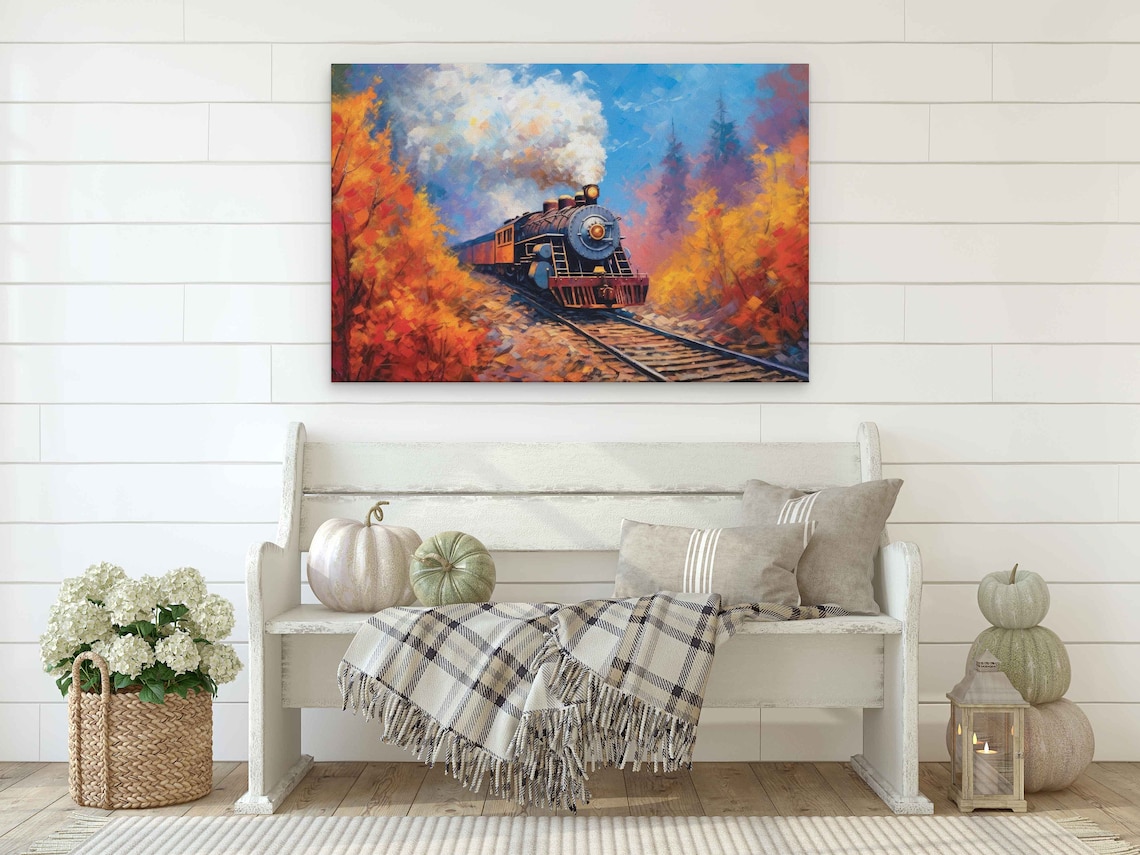 Colorful Steam Train, Autumn Impressionist Art Print - Image 2