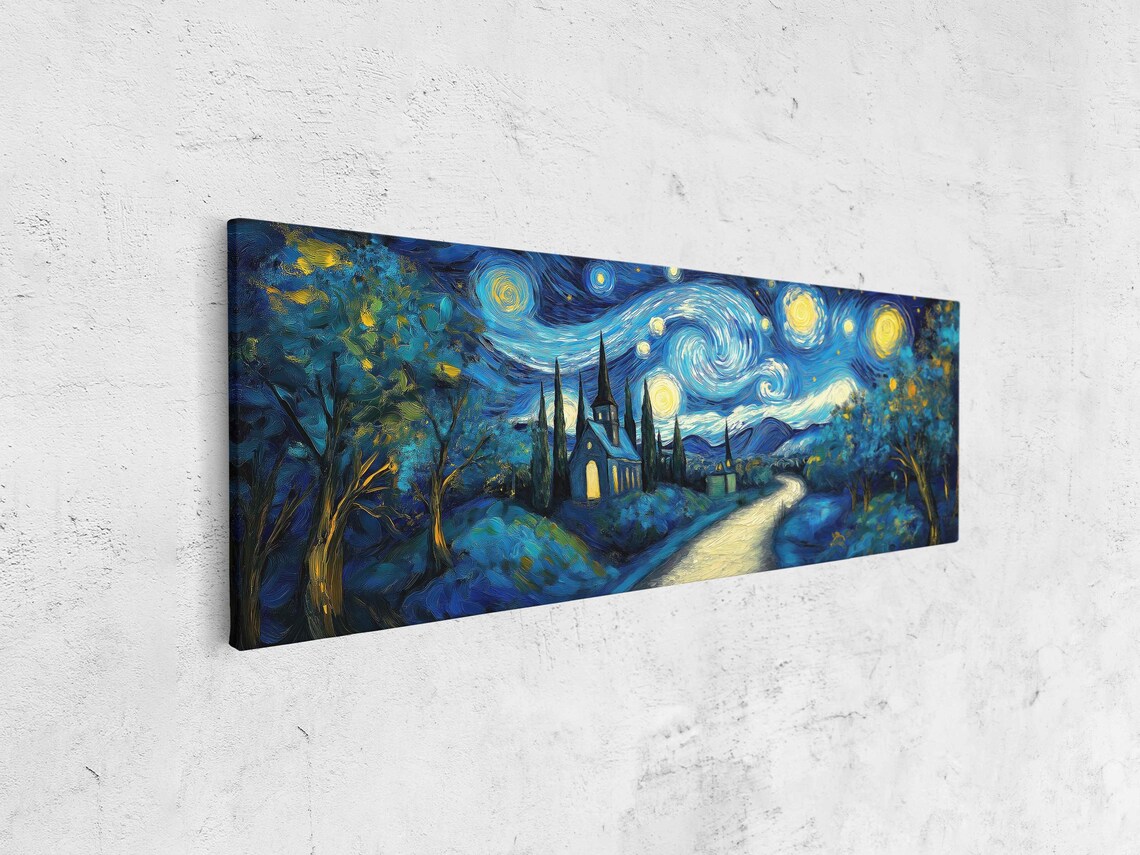 Starry Night Landscape, Vibrant Path Trees Chapel - Image 4