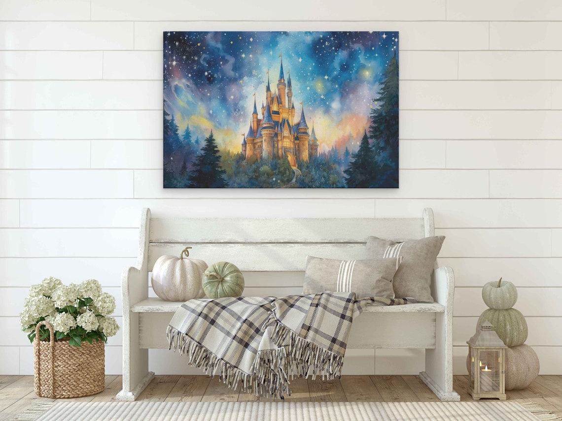 Fairy Tale Castle Among Pines Starry Blue Night Sky Wall Poster - Image 2