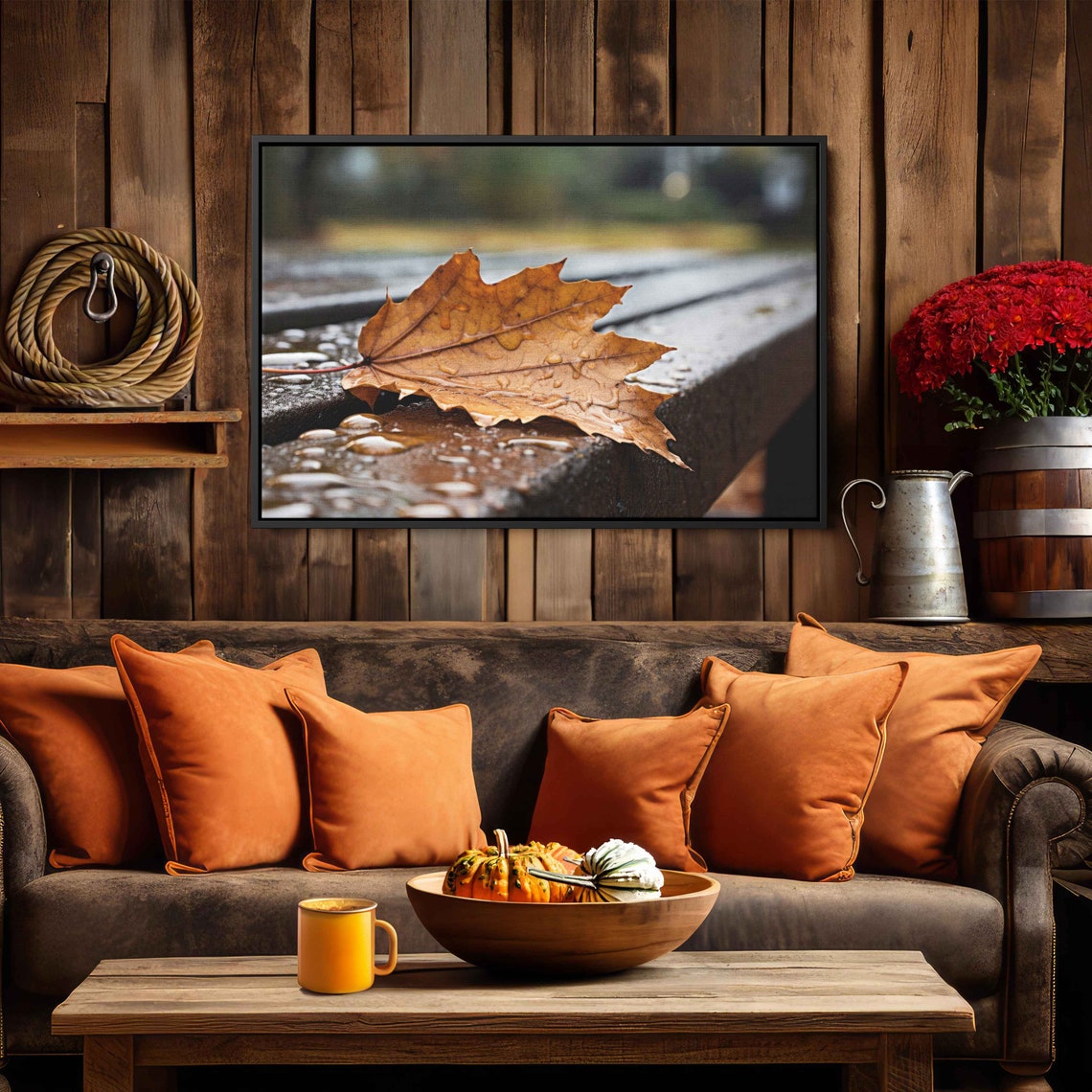 Autumn Maple Leaf Rainy Bench Closeup Moody Fall Photography Poster - Image 2