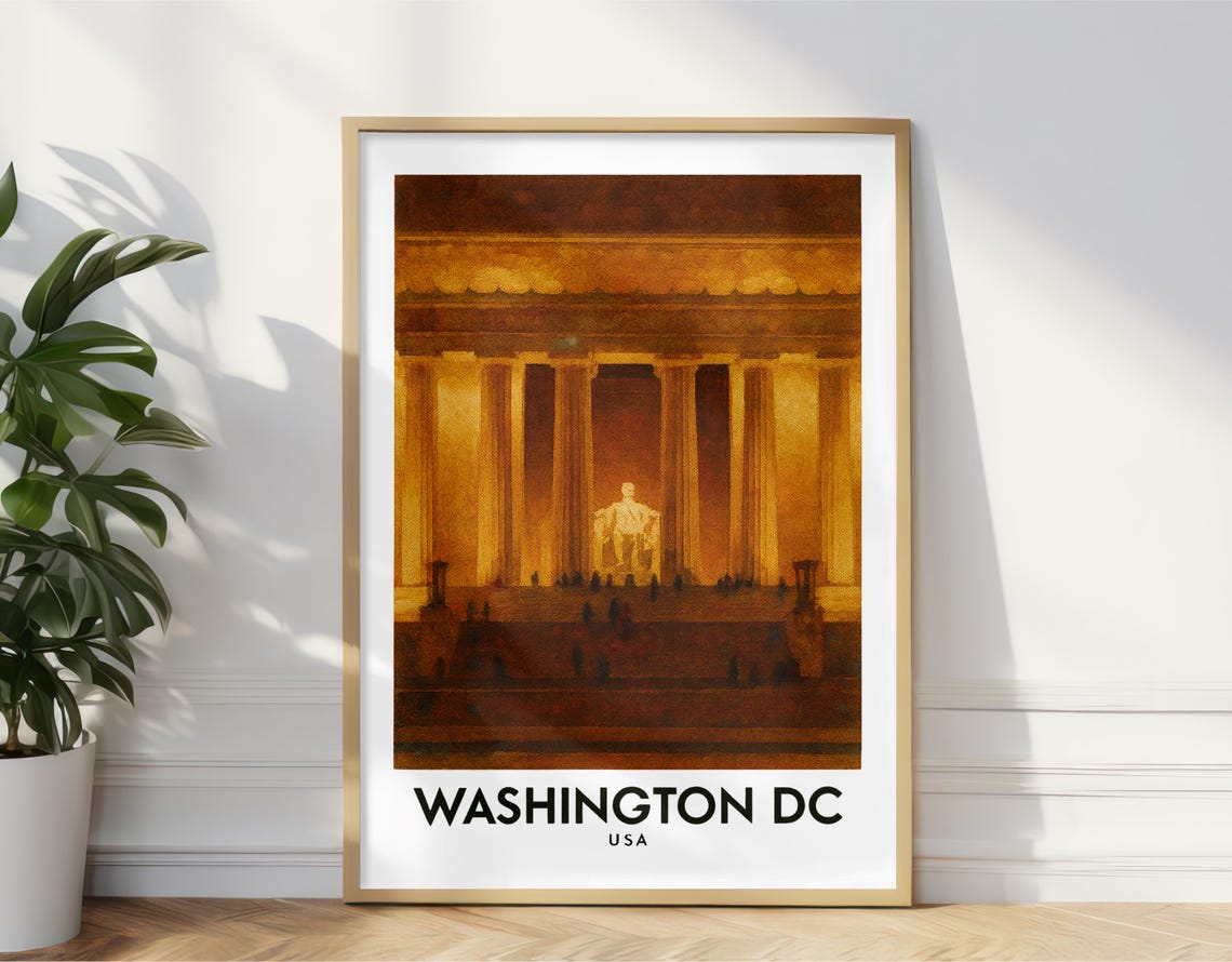 Washington Dc Usa Oil Painting Travel Poster Lincoln Memorial Night Wall Art Print Golden Monument Cityscape Vintage Decor