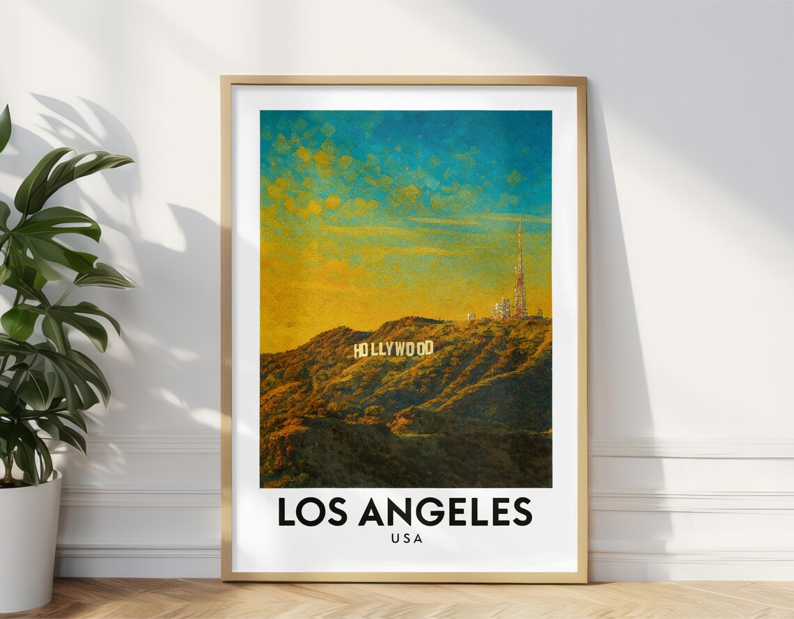 Los Angeles Hollywood Hills Travel Poster Wall Art Print Sunset Skyline Oil Painting Modern Usa City Home Decor Artwork