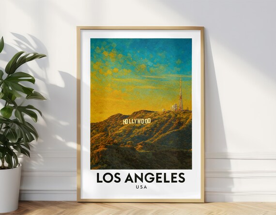 Los Angeles Hollywood Hills Travel Poster Wall Art Print Sunset Skyline Oil Painting Modern Usa City Home Decor Artwork