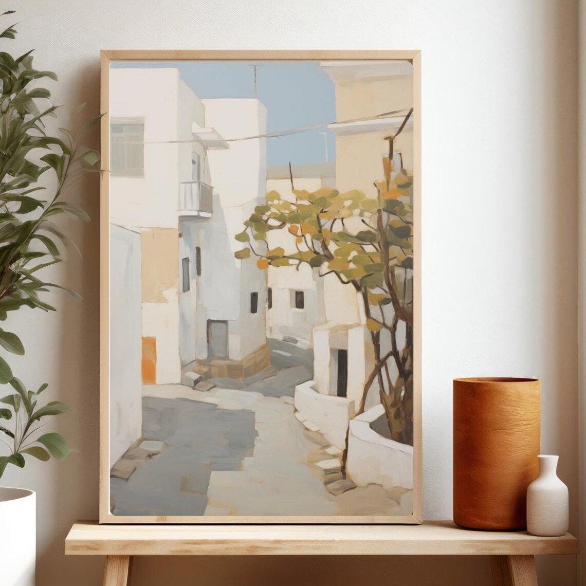 Greek Village Street Whitewashed Houses Olive Tree Painting Poster