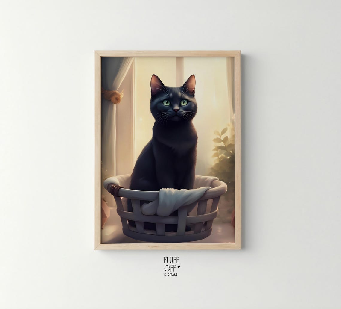 Black Cat in Laundry Basket Cozy Sunlit Window Cute Art Poster