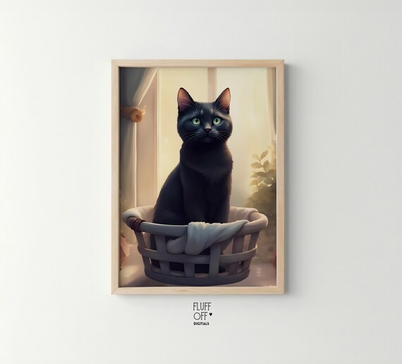 Black Cat in Laundry Basket Cozy Sunlit Window Cute Art Poster