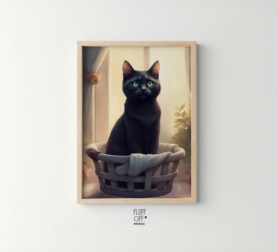 Black Cat In Laundry Basket Painting Cozy Farmhouse Decor Funny Animal Wall Art Soft Illustration Warm Home Scene