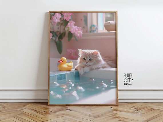 Cute Cat At Bathtub Edge With Rubber Ducky Pastel Bathroom Art Poster