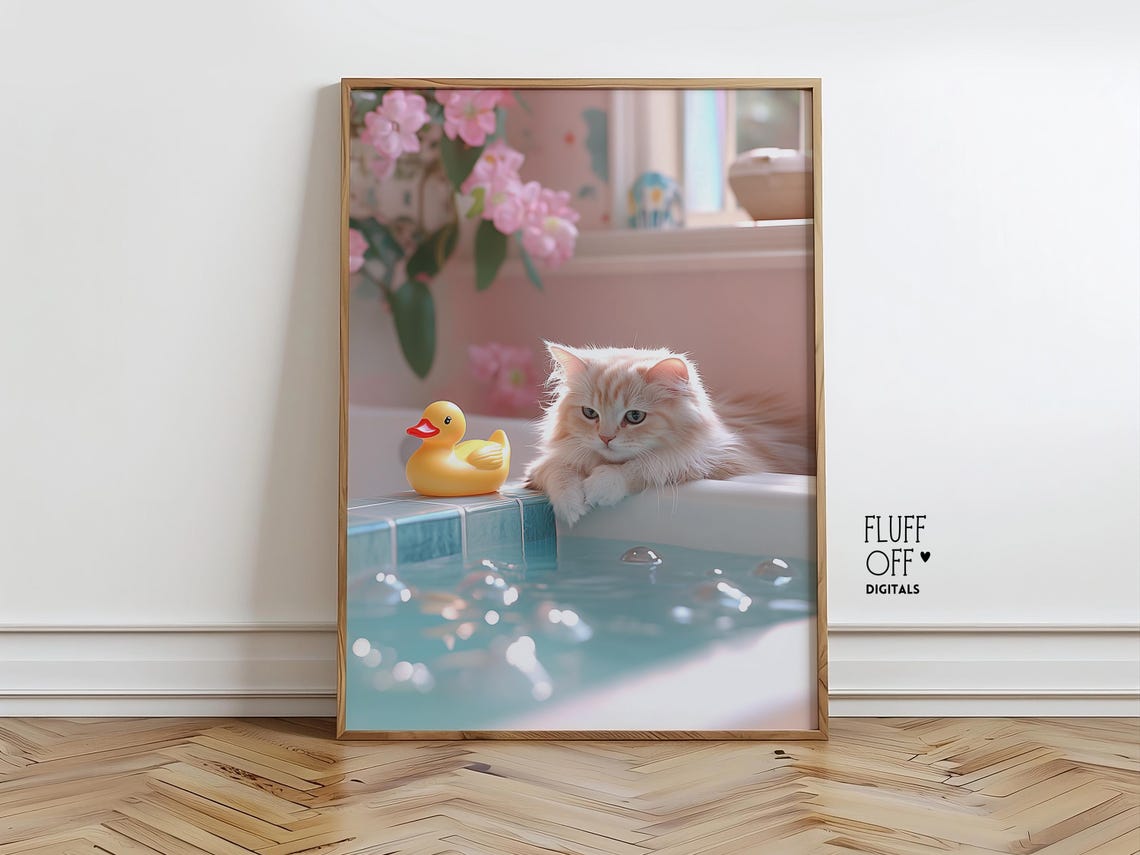 Cute Cat At Bathtub Edge With Rubber Ducky Pastel Bathroom Art Poster