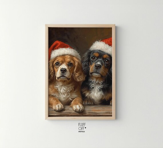 Two Cavalier Spaniels in Santa Hats Christmas Portrait Poster