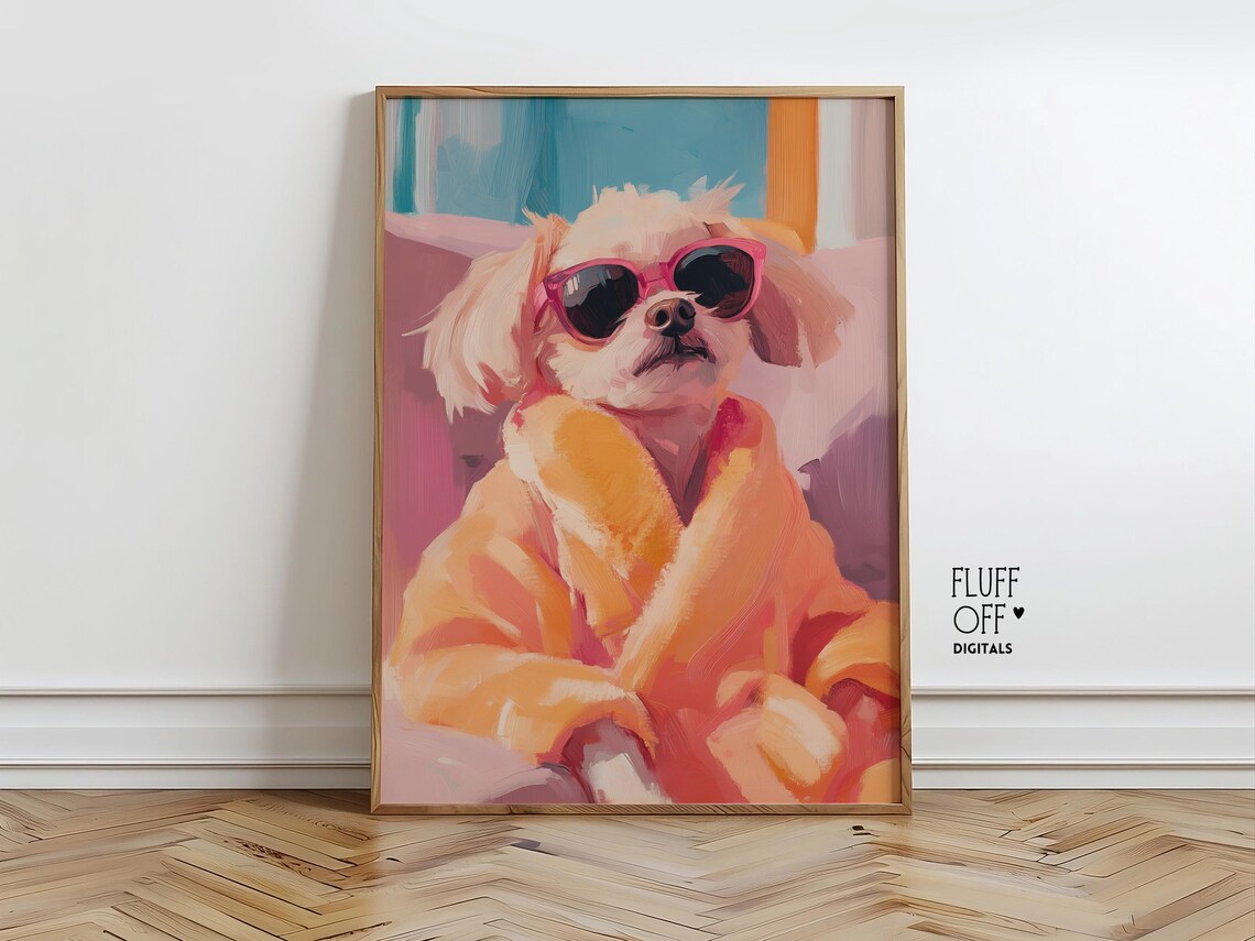Cute Dog In Plush Bathrobe And Sunglasses, Retro Glam Art Print