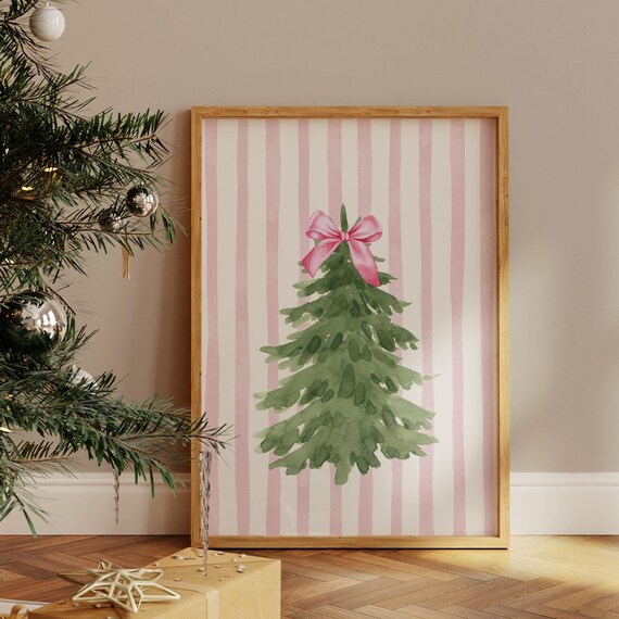Coquette Pink Christmas Tree Watercolor Poster with Pink Bow