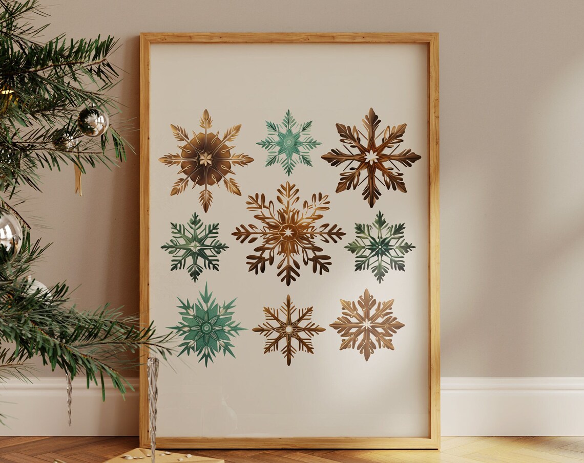 Watercolor Snowflakes Green and Gold Rustic Christmas Holiday Wall Art