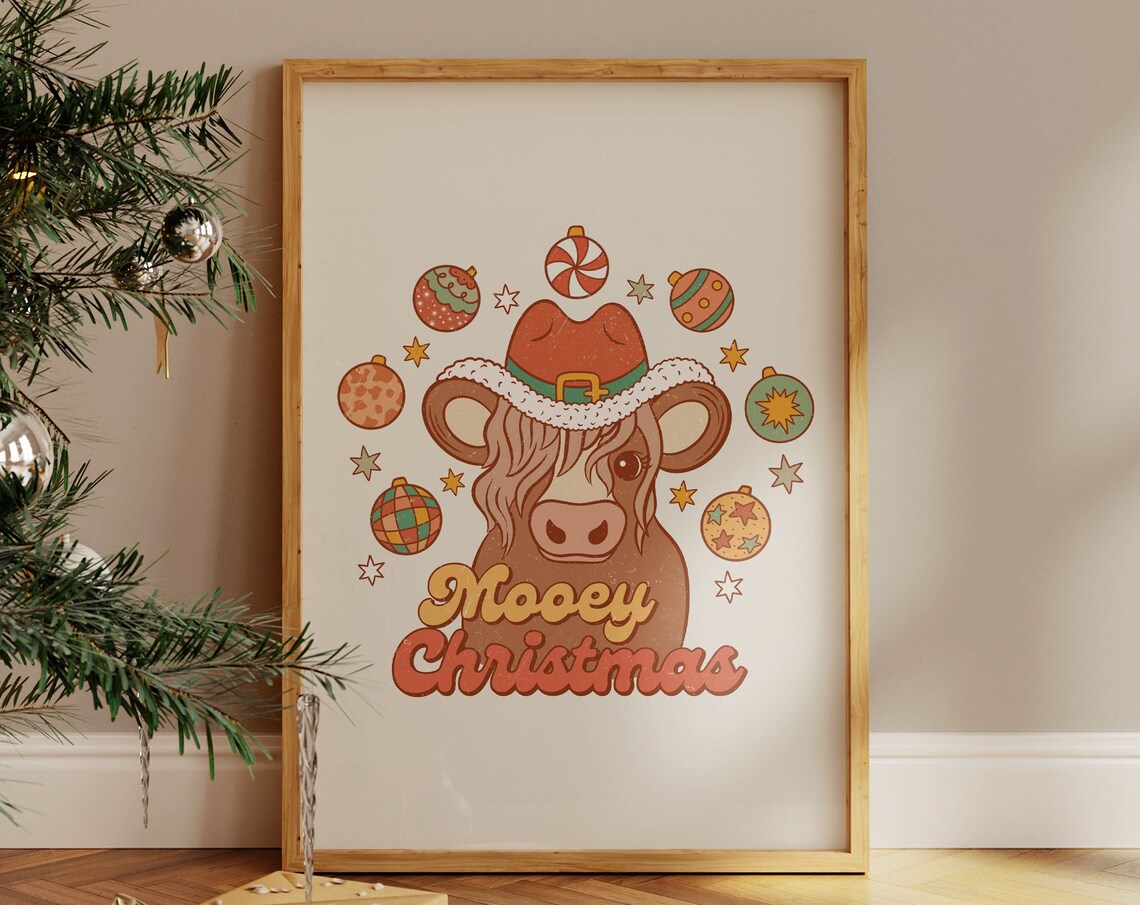 Mooey Christmas Funny Cow In Santa Hat Retro Holiday Quote Poster