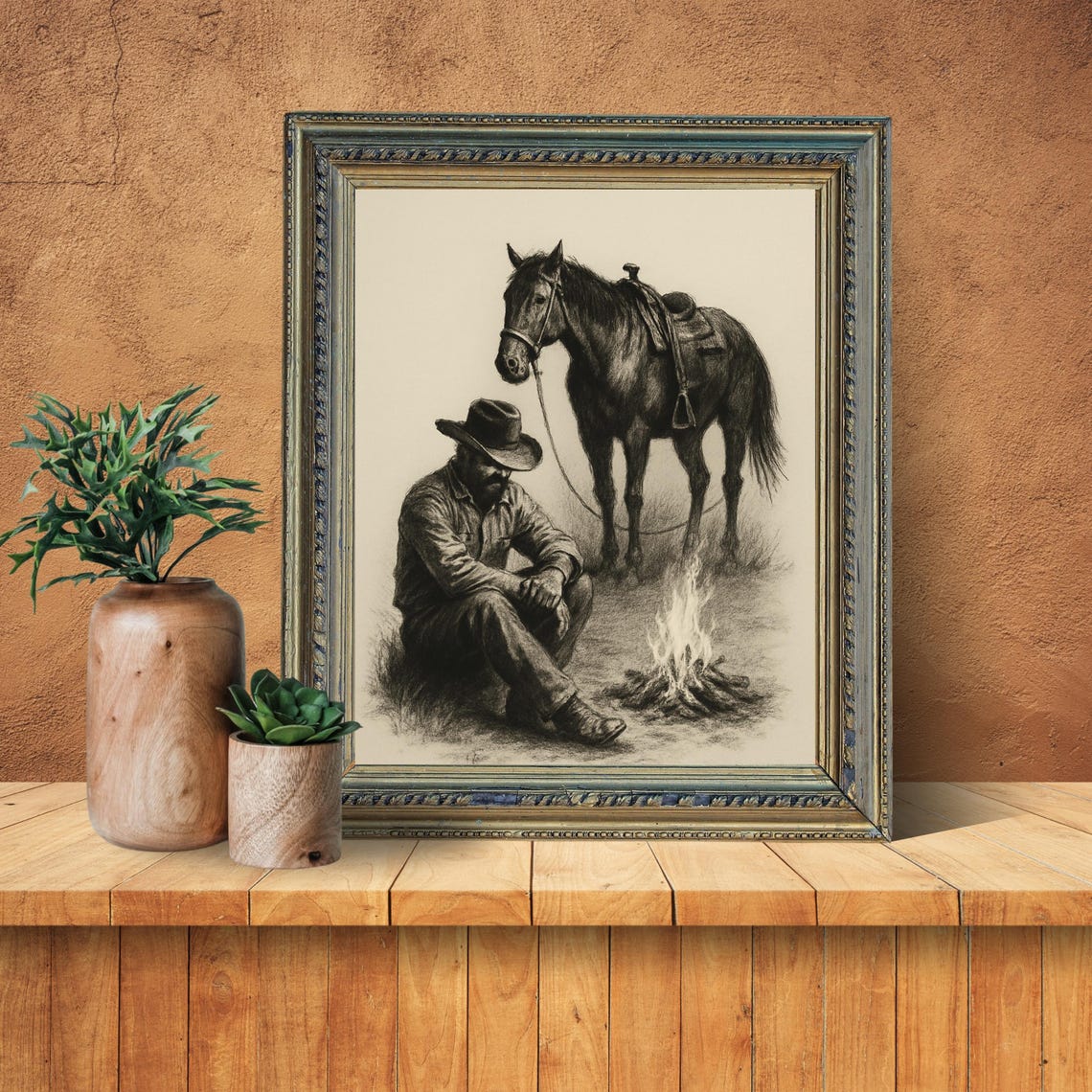 Western Cowboy Campfire Sketch, Rustic Vintage Decor - Image 2