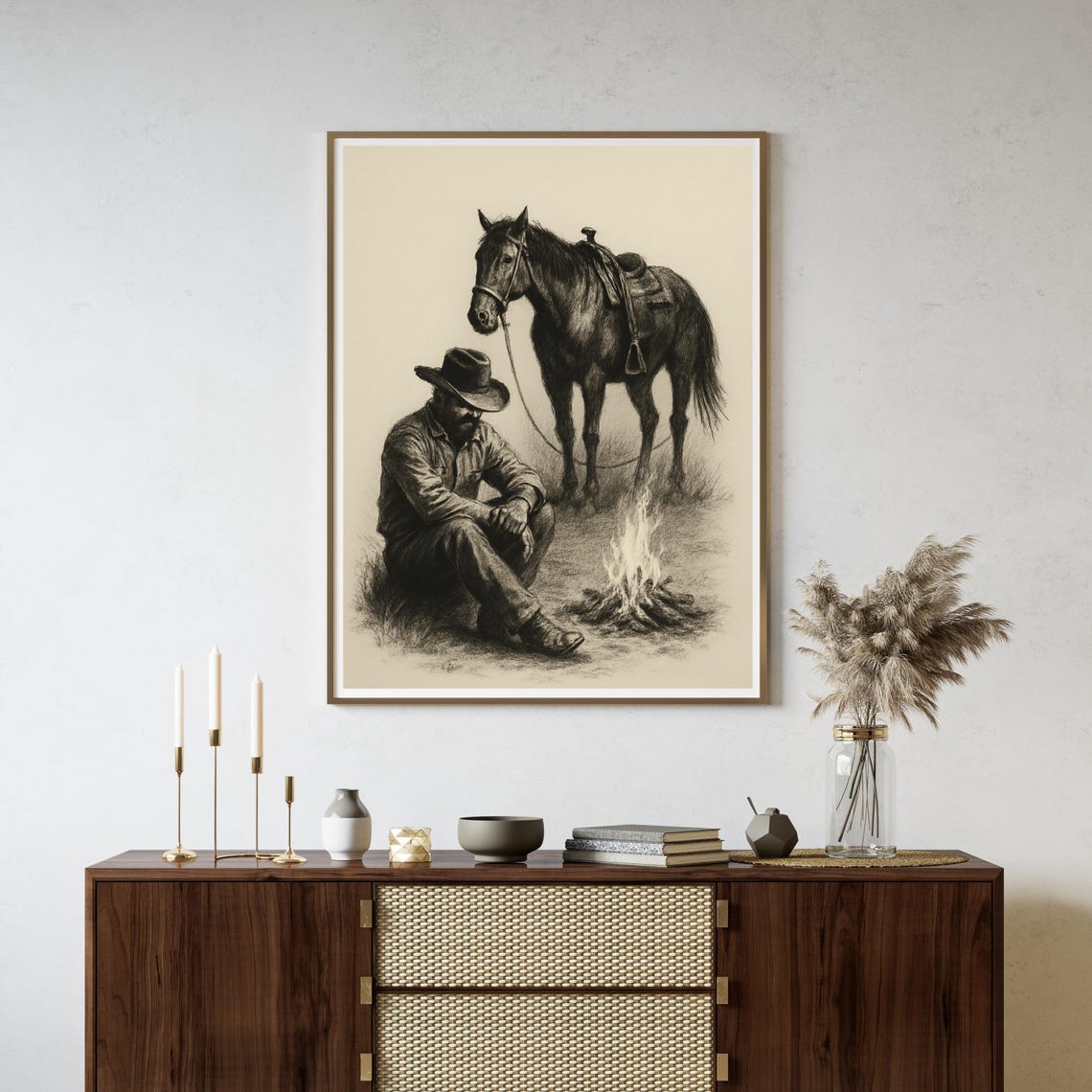 Western Cowboy Campfire Sketch, Rustic Vintage Decor - Image 5