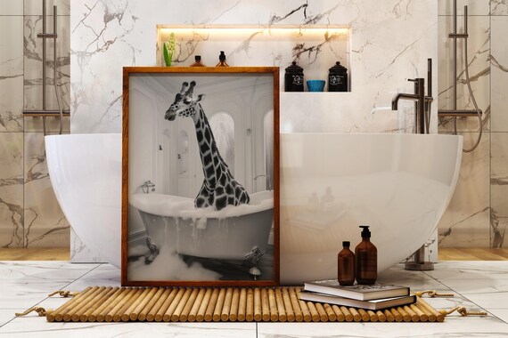 Funny Giraffe Bathroom Wall Art, Quirky Bathtub