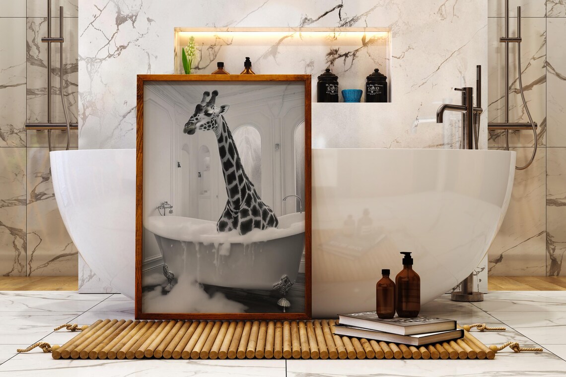 Funny Giraffe Bathroom Wall Art, Quirky Bathtub