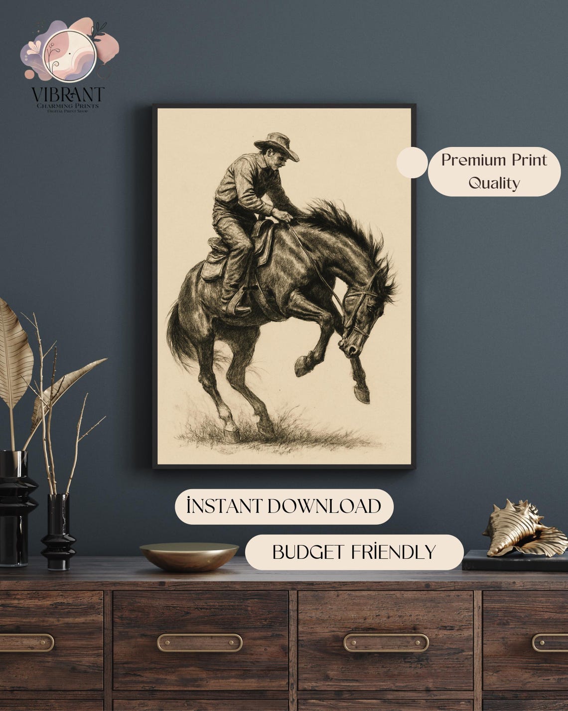 Western Cowboy Bronc Rider Sketch, Vintage Rodeo Art - Image 4