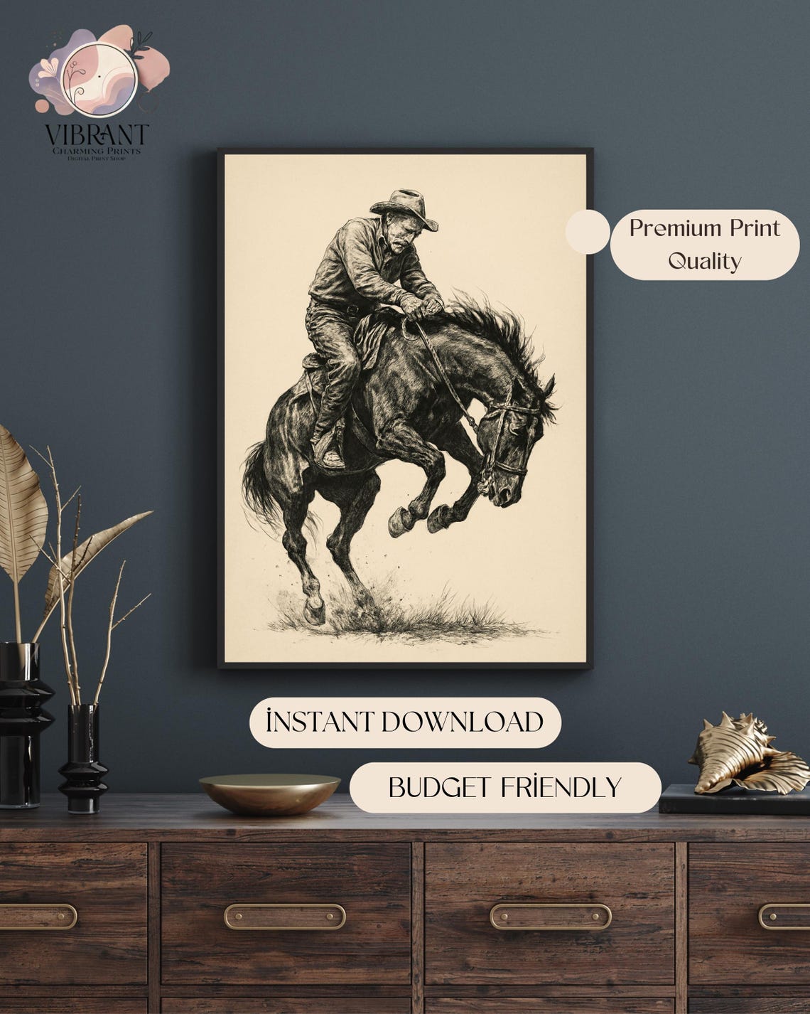 Wild West Rodeo Cowboy Sketch, Vintage Western Art - Image 5