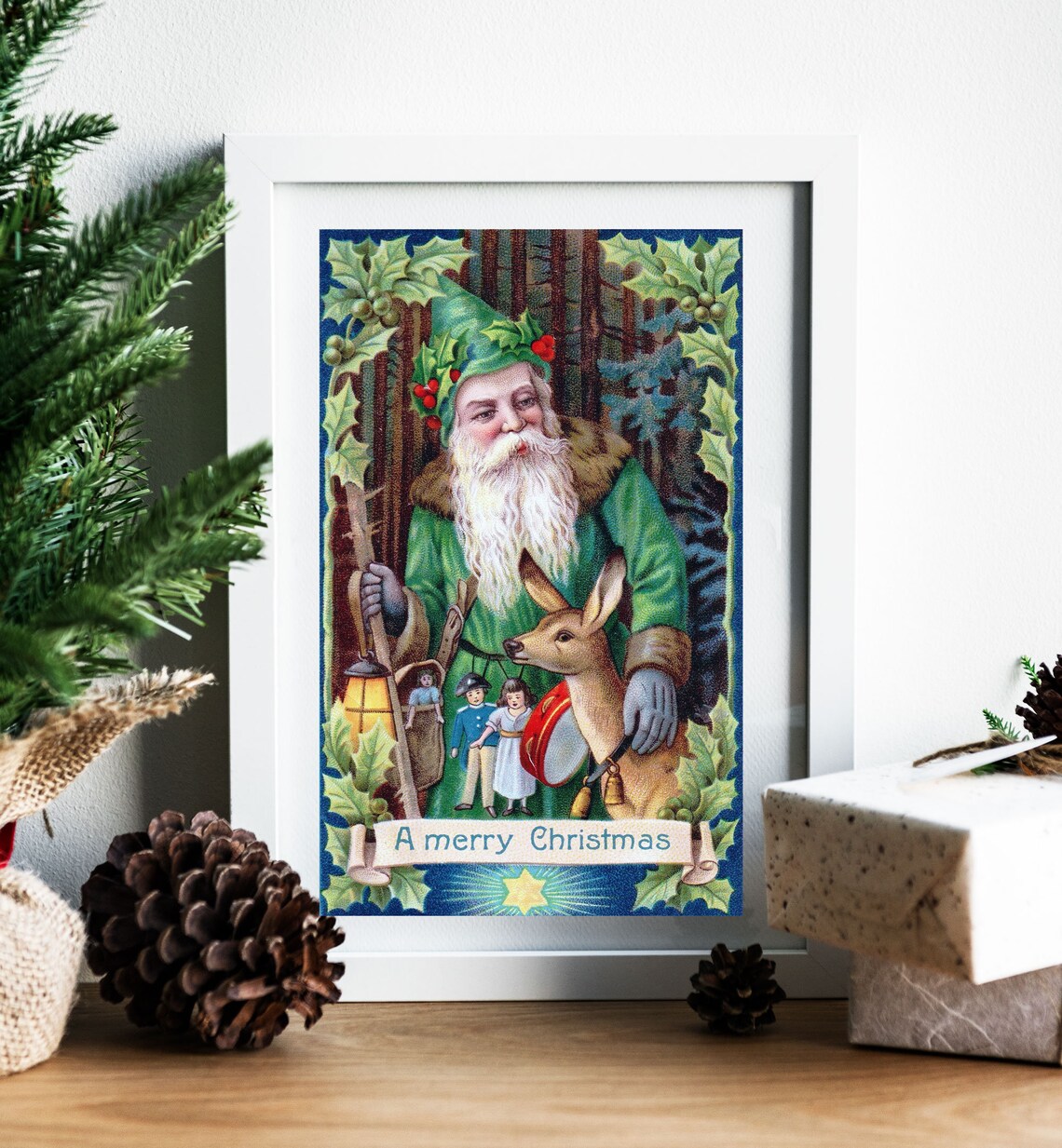 Vintage Santa Claus Green Robe A Merry Christmas Card Poster