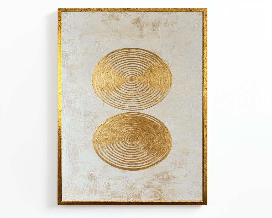 Luxury Gold Concentric Circle Abstract Dual Medallion Modern Wall Art - Image 2