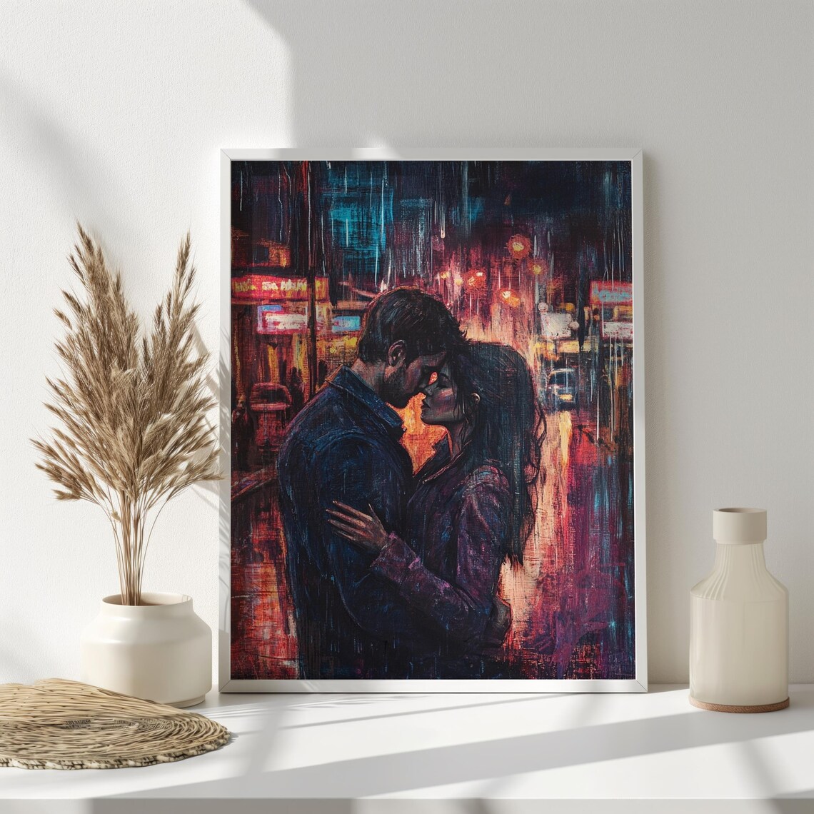 Romantic Couple Kissing In Neon Rain City Night Lights Wall Art - Image 3