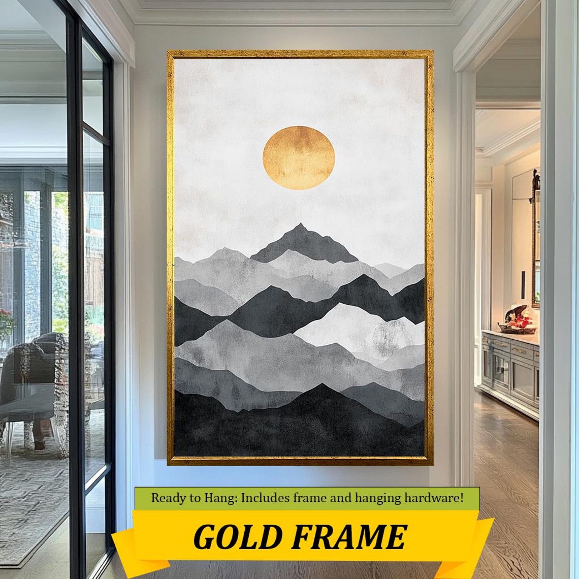 Gold Sun Over Layered Gray Mountain Ranges Modern Watercolor Wall Art - Image 3