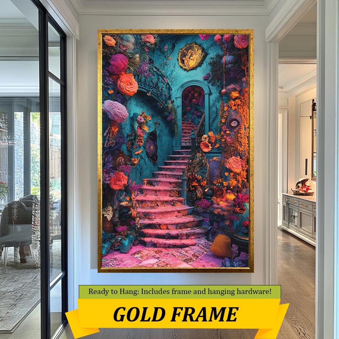 Maximalist Surreal Floral Staircase Pink Turquoise Fantasy Wall Art - Image 3