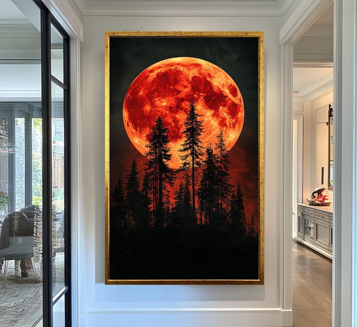 Blood Moon Over Black Pine Forest Mystical Gothic Night Sky Wall Art