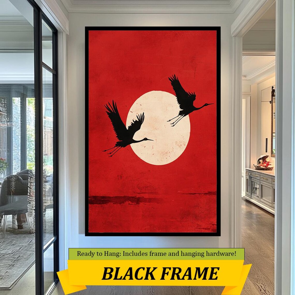 Japanese Cranes in Flight Red Sun Circle Bold Minimalist Wall Art - Image 3