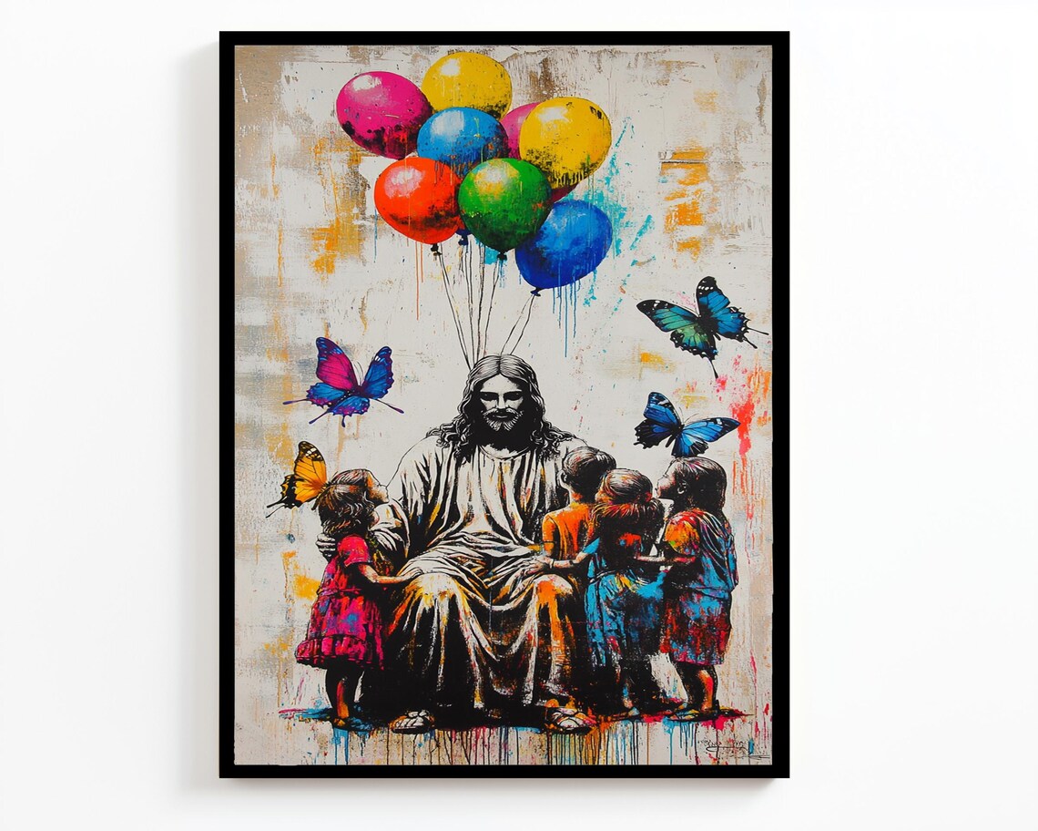 Seated Jesus With Four Children Balloons Butterflies Cream Drip Art Poster - Image 2