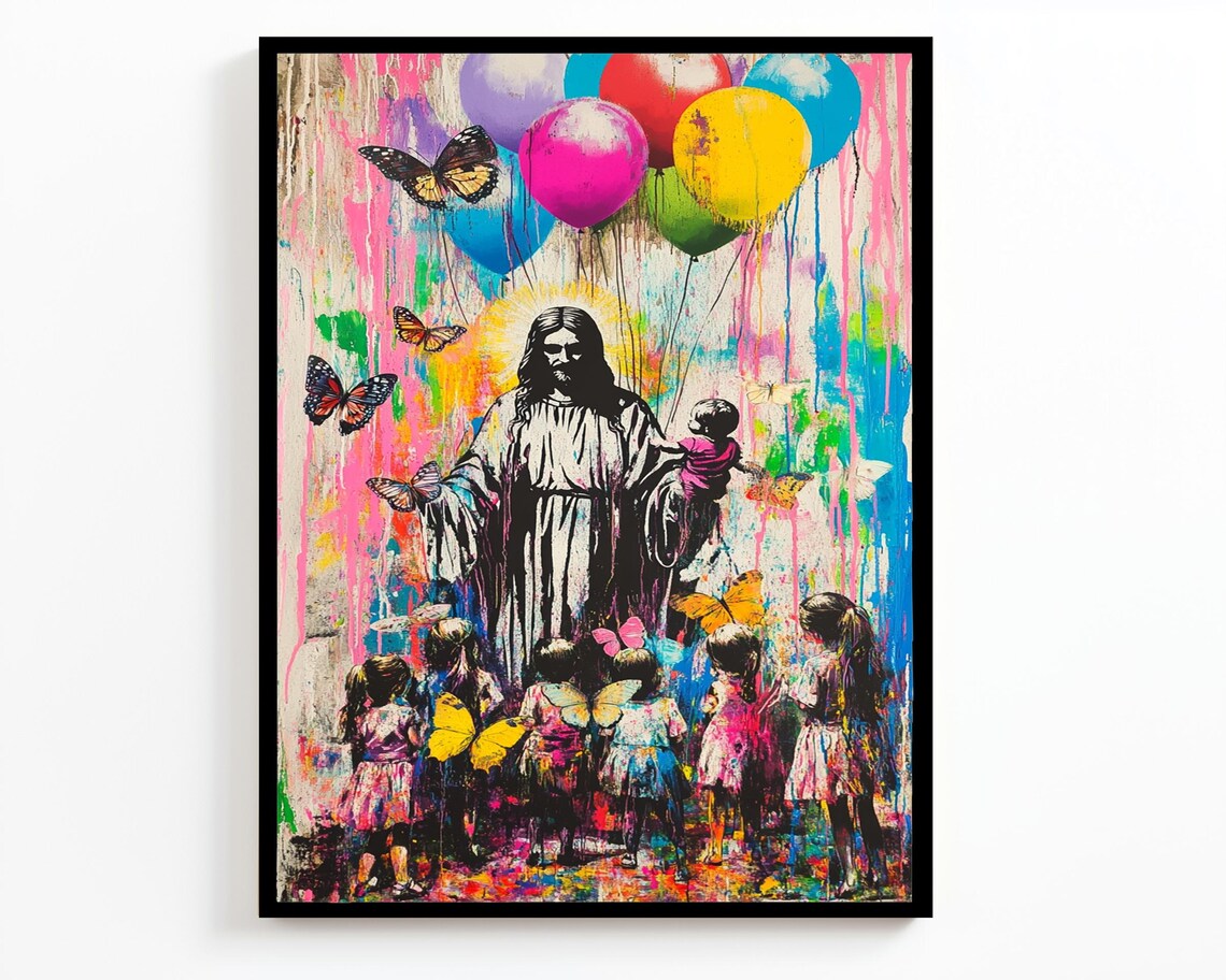 Jesus With Child Balloon Bouquet Butterfly Girls Pink Drip Art Poster - Image 2