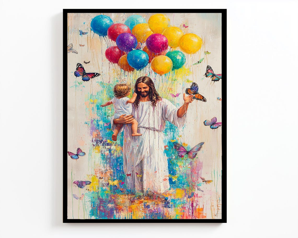Jesus Holding Child Rainbow Balloons Butterflies Joyful Wall Art - Image 2