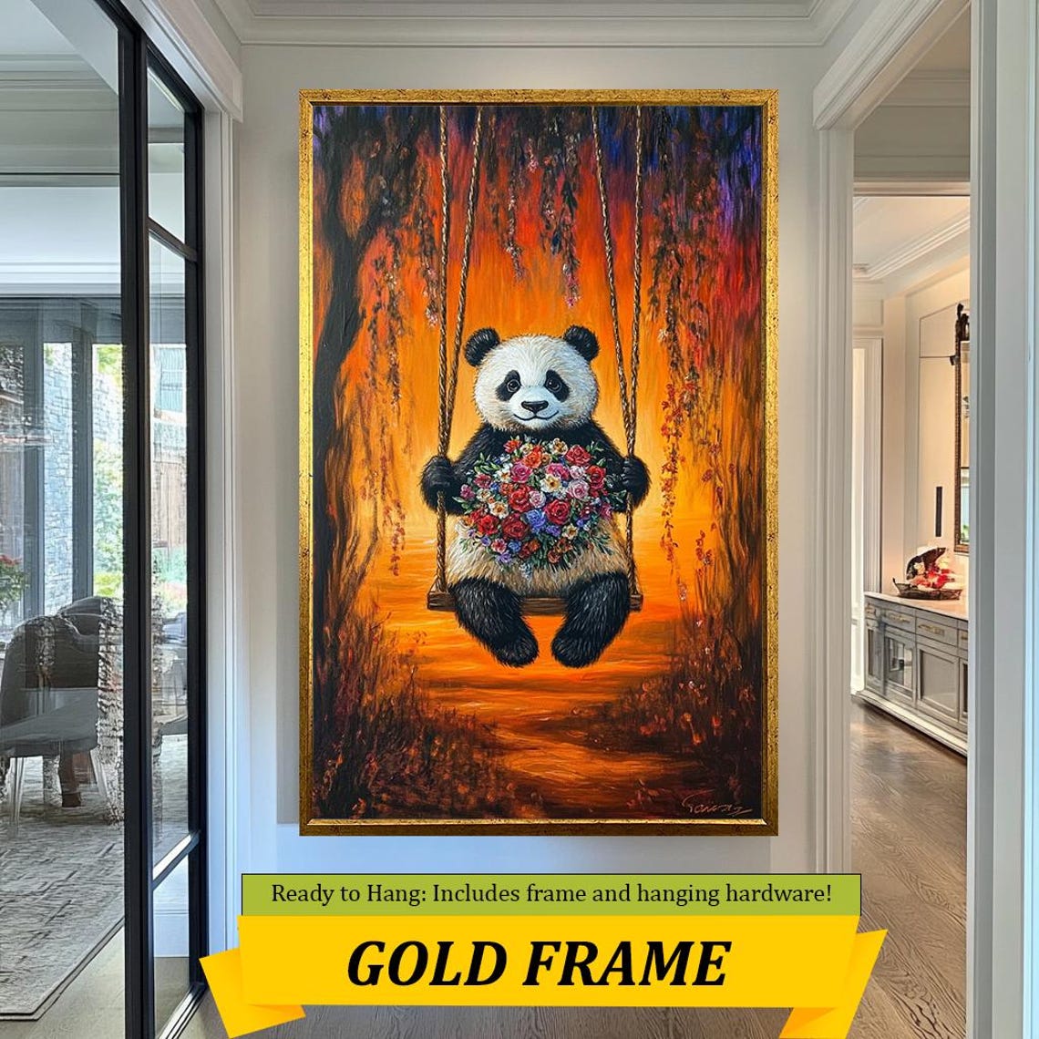 Sweet Panda On Swing Holding Flowers Orange Willow Sunset Wall Art - Image 3