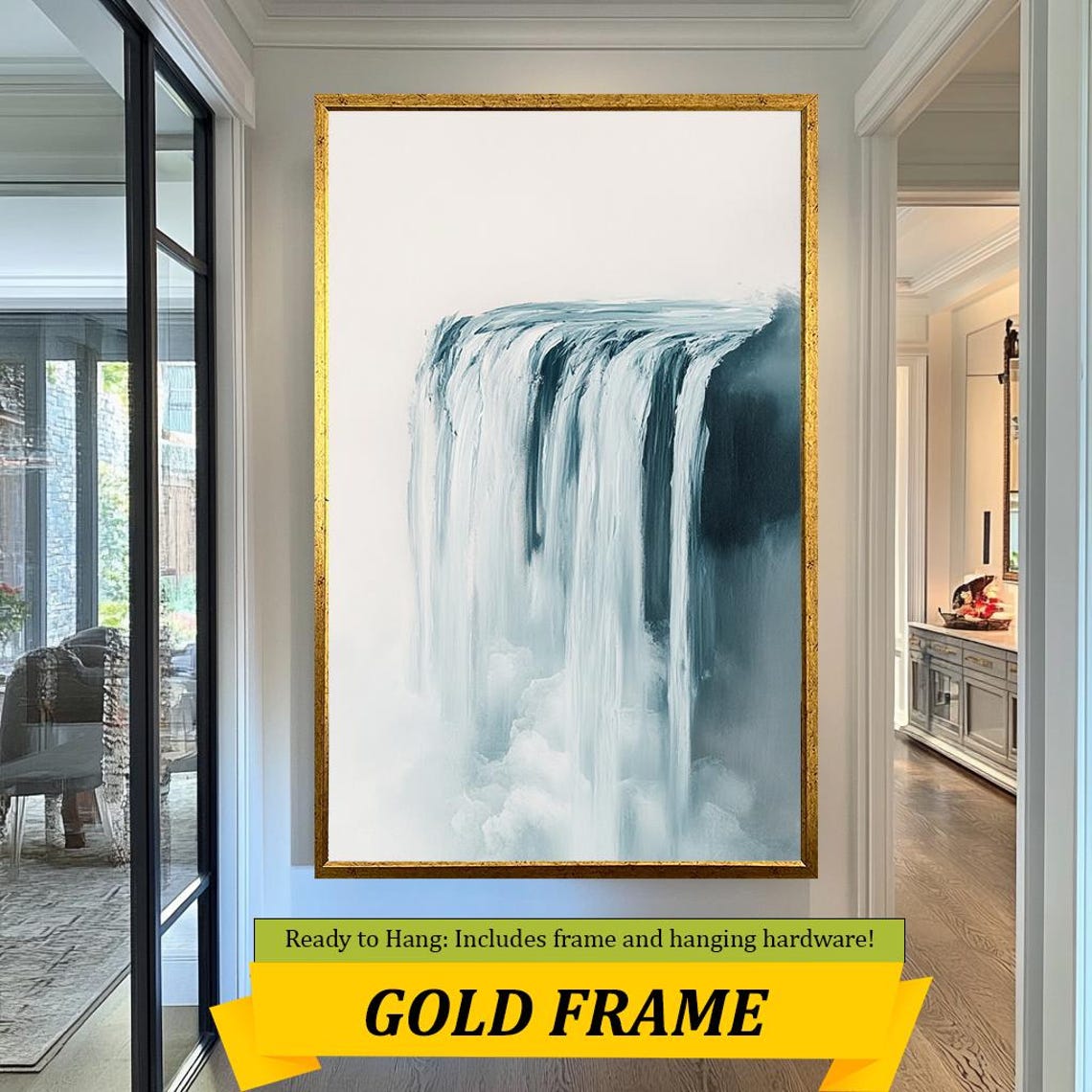 Minimalist Blue Waterfall Flowing Over Cliff Watercolor Wall Art - Image 3