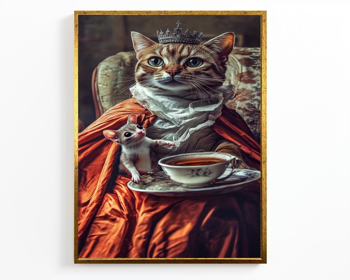 Elegant Crowned Cat Royal Portrait With Mouse Tea Cup Whimsical Wall Art Poster - Image 2