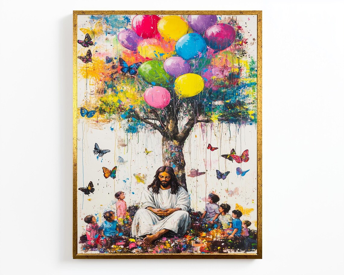 Jesus With Children Balloon Tree Butterflies Christian Wall Art - Image 2