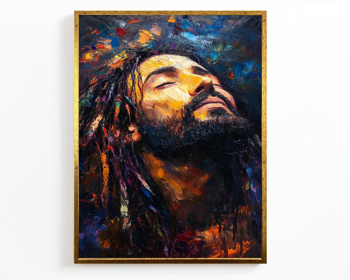 Jesus Portrait Looking Upward Impasto Palette Knife Fiery Oil Painting Poster - Image 2