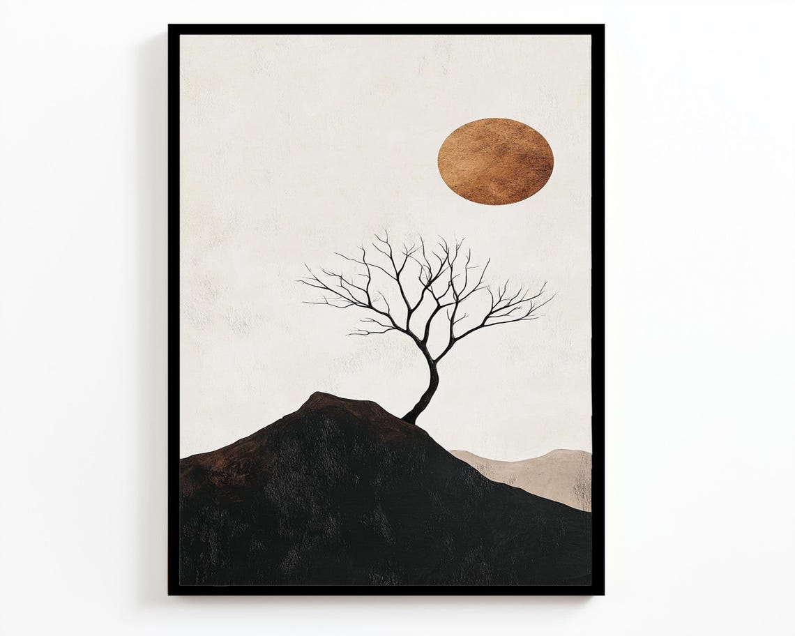 Zen Bare Tree on Dark Hill Bronze Sun Minimalist Nature Wall Art - Image 2