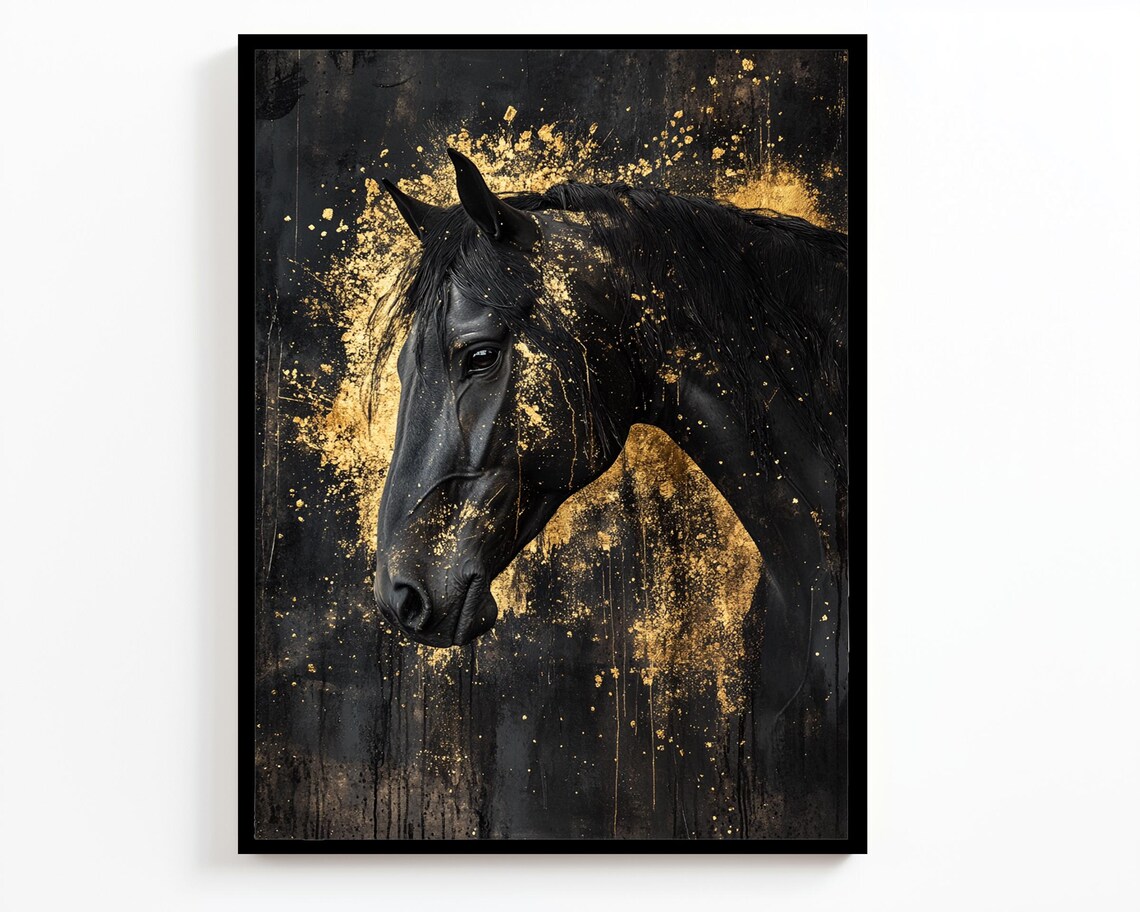 Black Stallion Portrait Golden Paint Splatter Bold Equine Wall Art Poster - Image 2