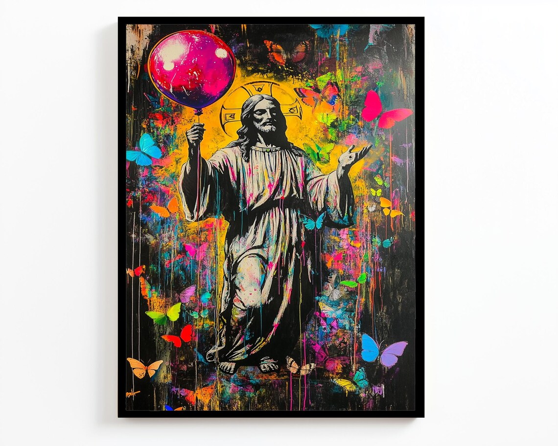 Jesus With Pink Balloon Graffiti Butterflies Neon Street Christian Wall Art - Image 2