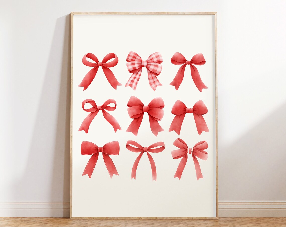Nine Pretty Red Watercolor Ribbon Bows Coquette Style Poster